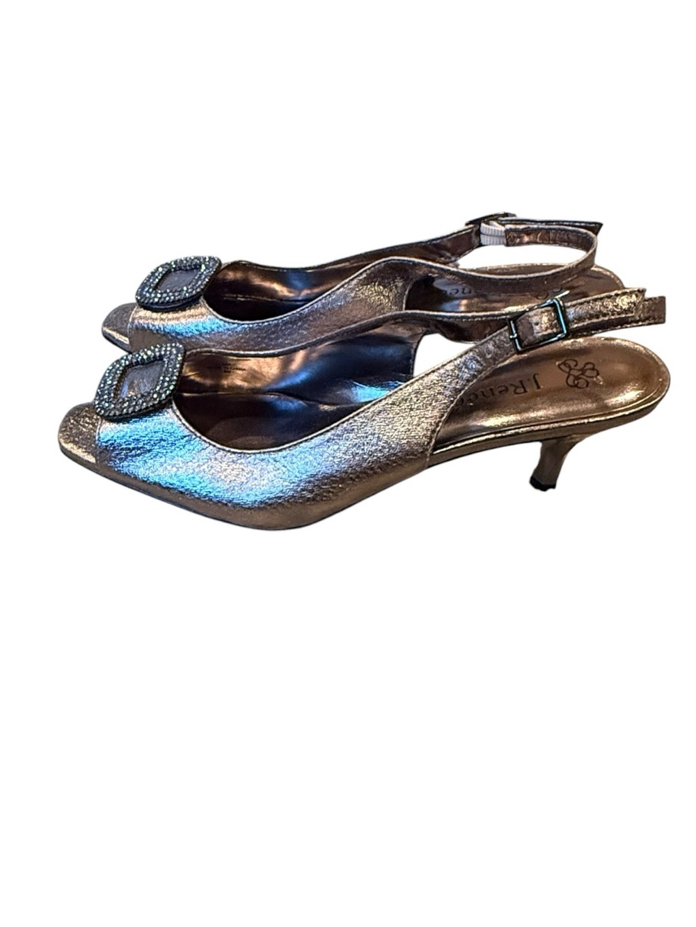 J. Renee Pewter Gunmetal Metallic Rhinestone Buckle Peep Toe Slingback 8M - Picture 3 of 5